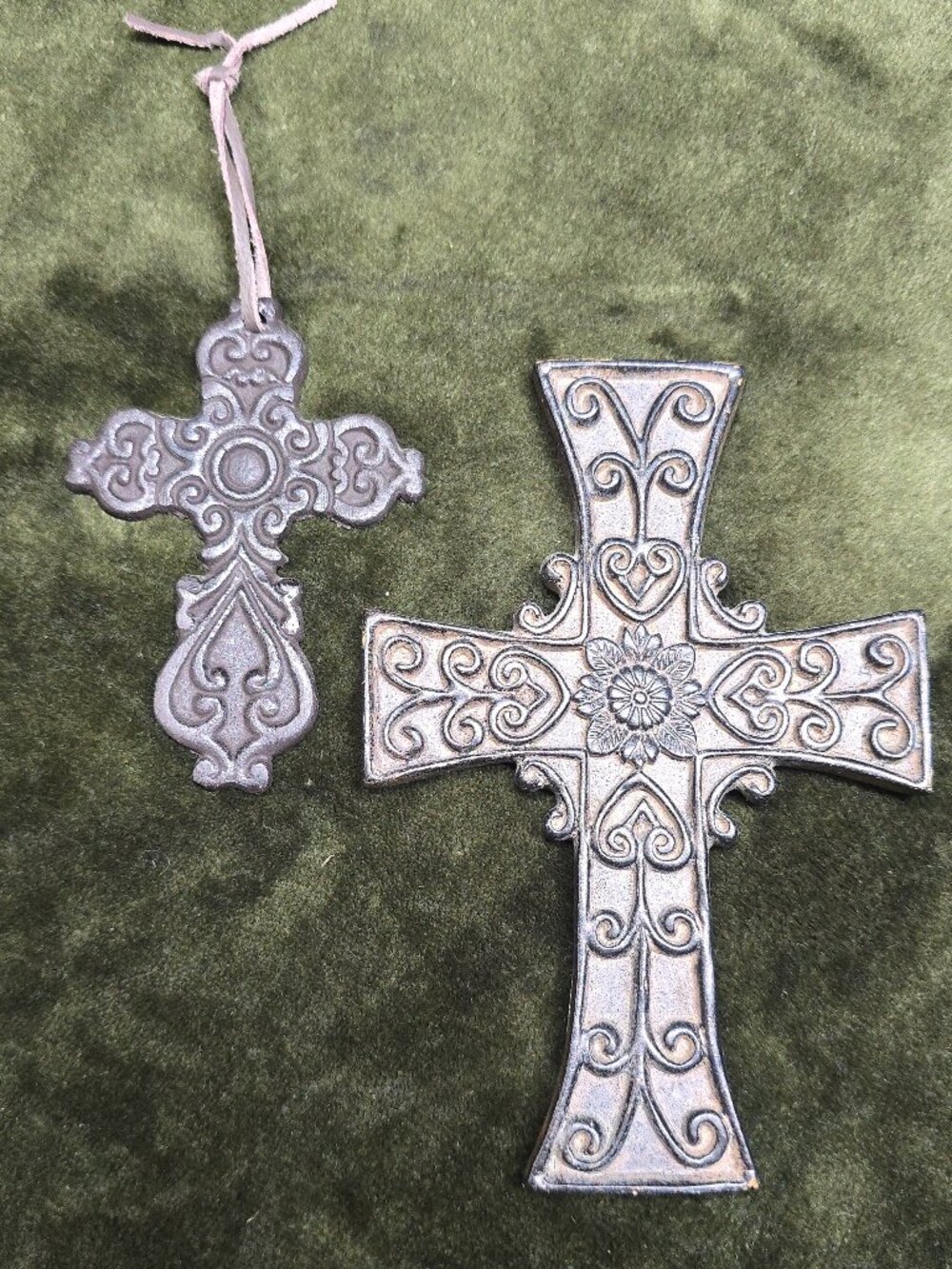 Set of 2 Ornate Wall Crosses, Rustic Scrollwork Metal & Resin Decor